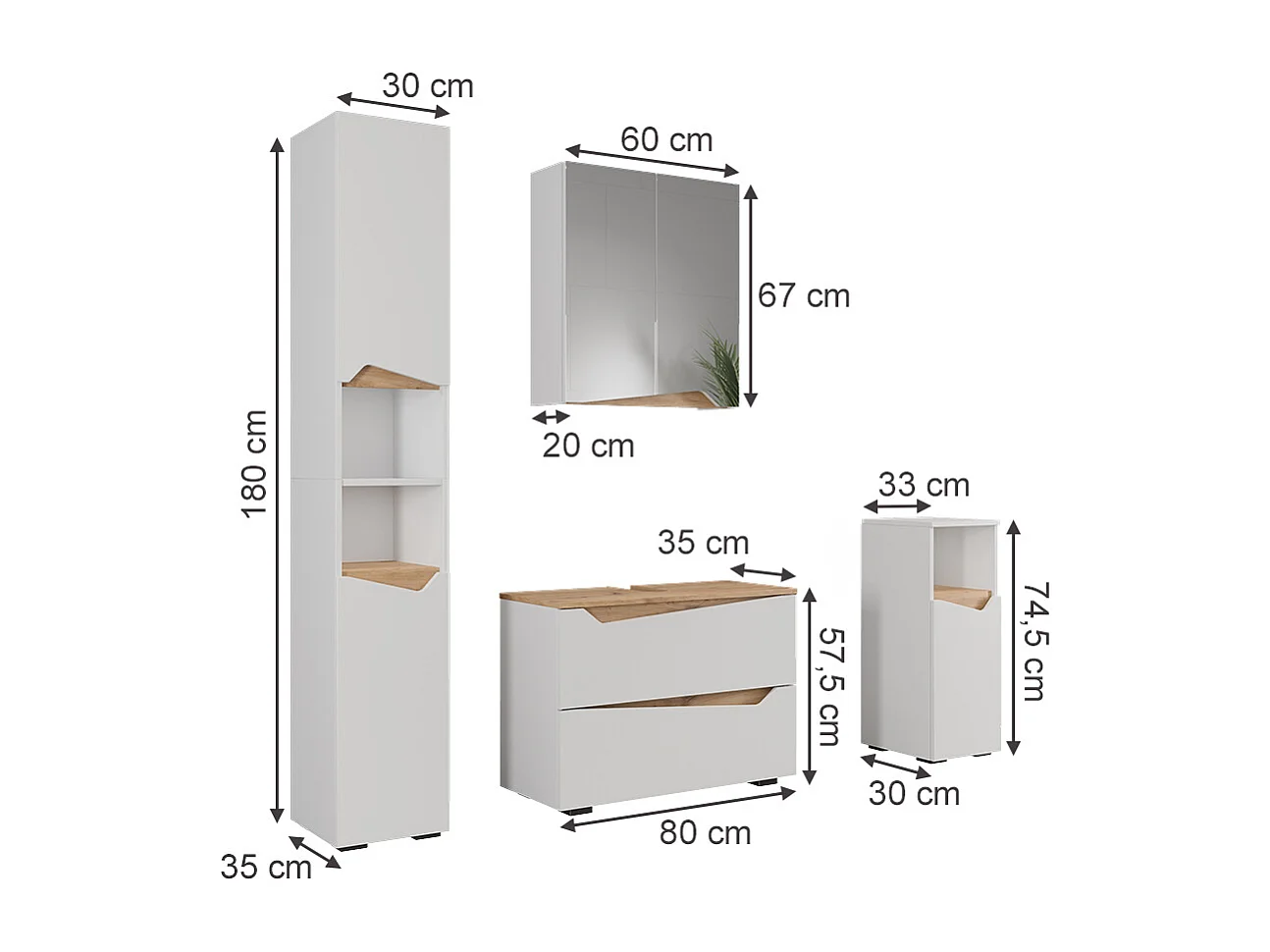 Meubles bain blanc 80x35x57.5 marelle
