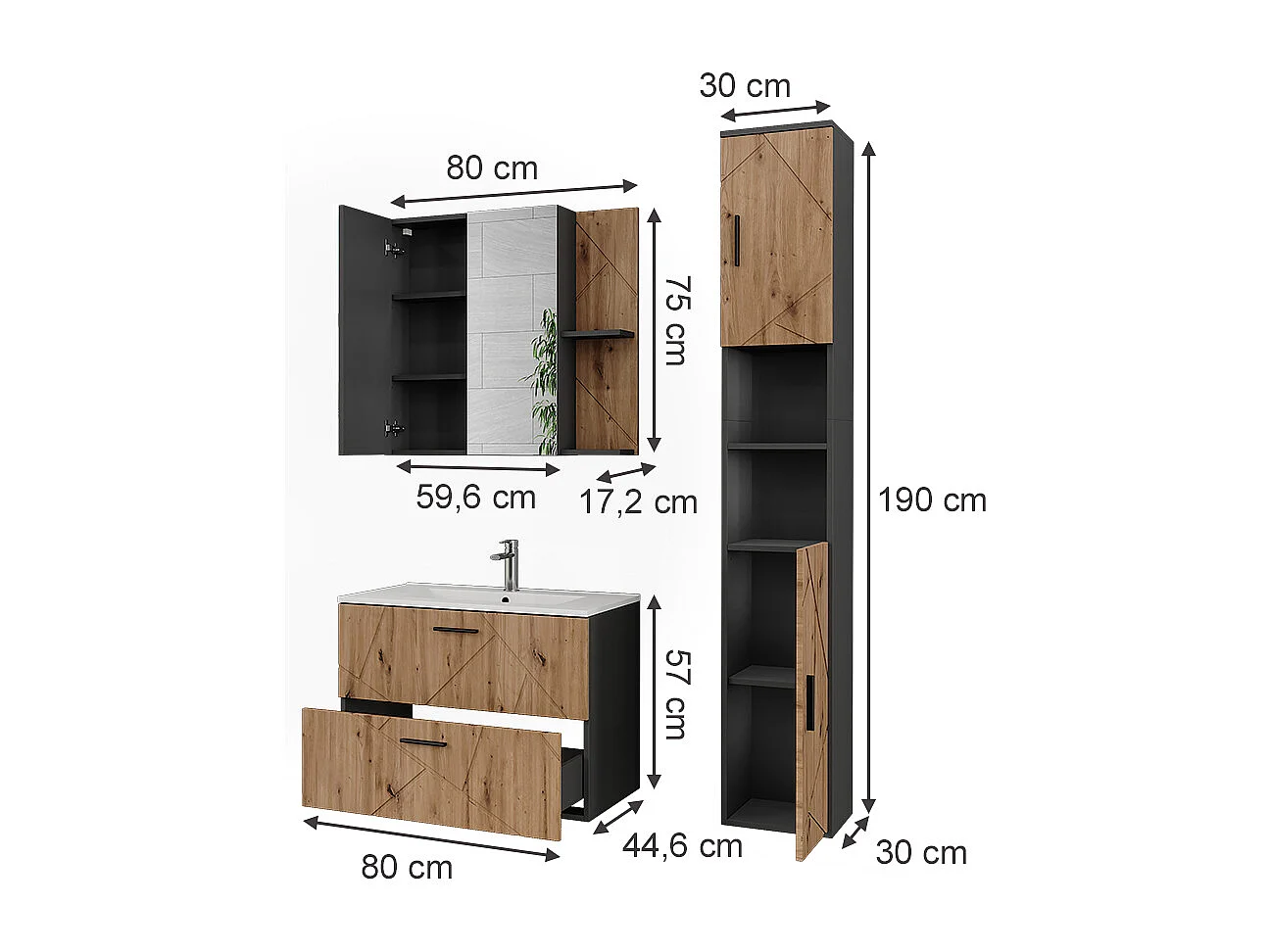 Conjunto de muebles de baño antracita/artisan 80x44.6x57 irma