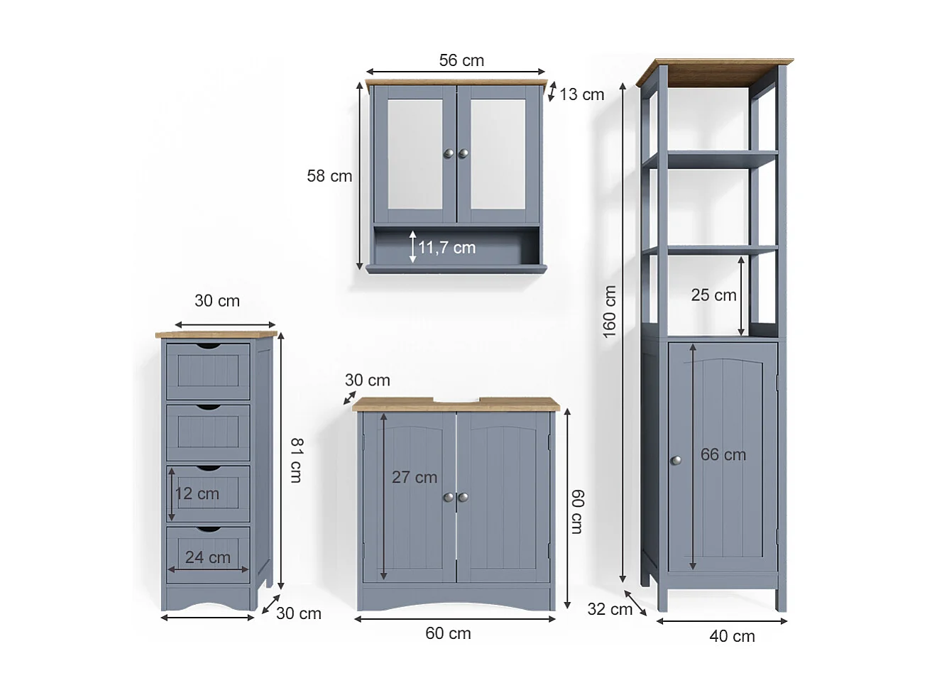 Set mobili bagno grigio 60x30x60 bianco
