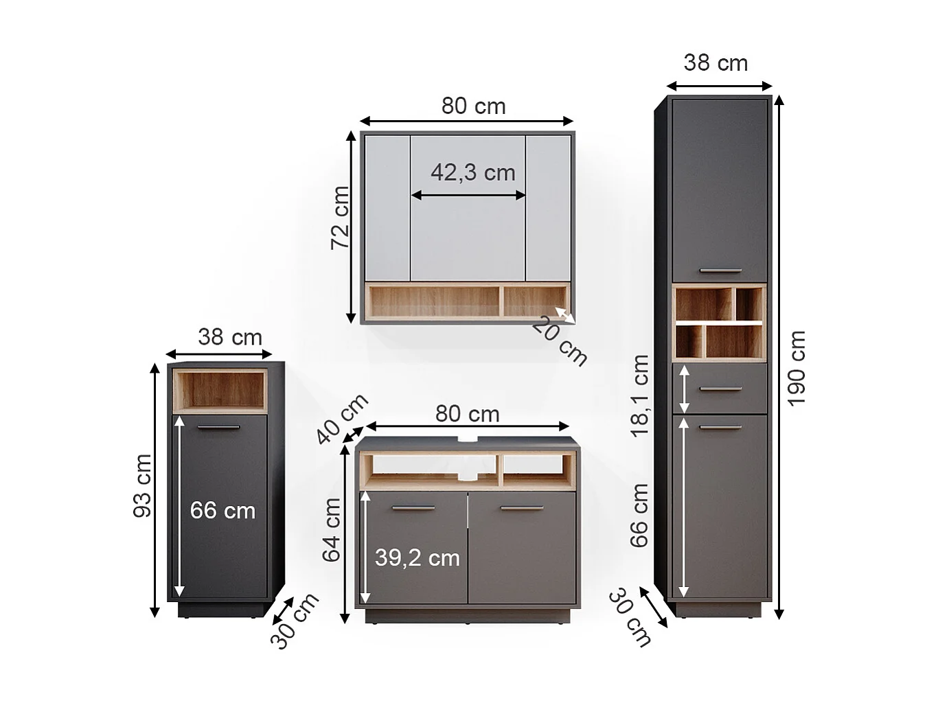 Set mobili bagno antracite 80x40x64 beatrice