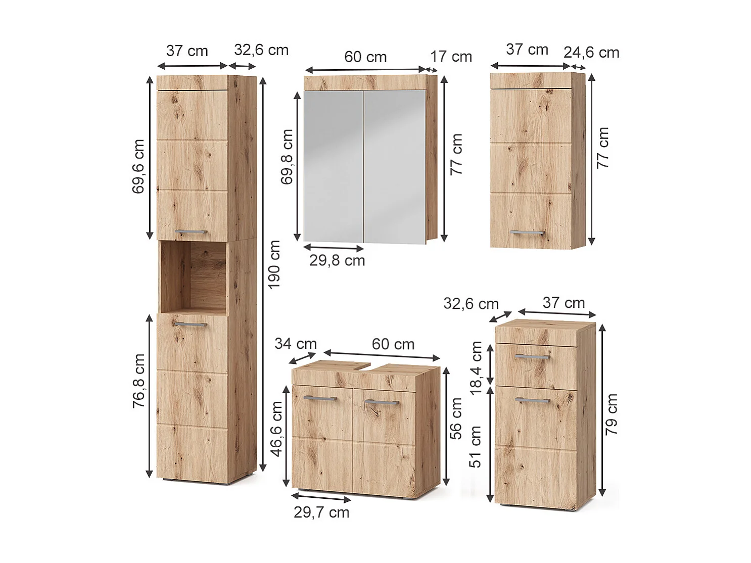 Badkamermeubel set eiken wotan 60x34x56 luna