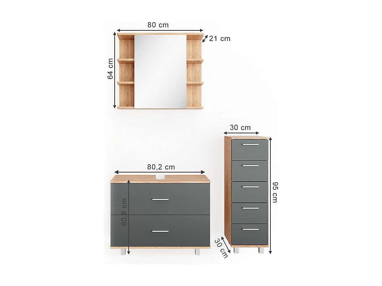 Set mobili bagno antracite/quercia dorata 80x33x60 ilias