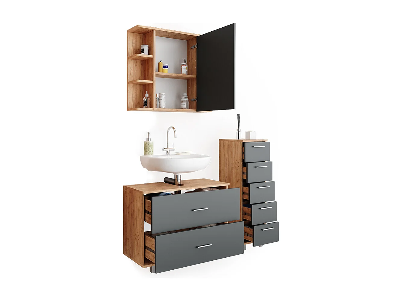 Set mobili bagno antracite/quercia dorata 80x33x60 ilias