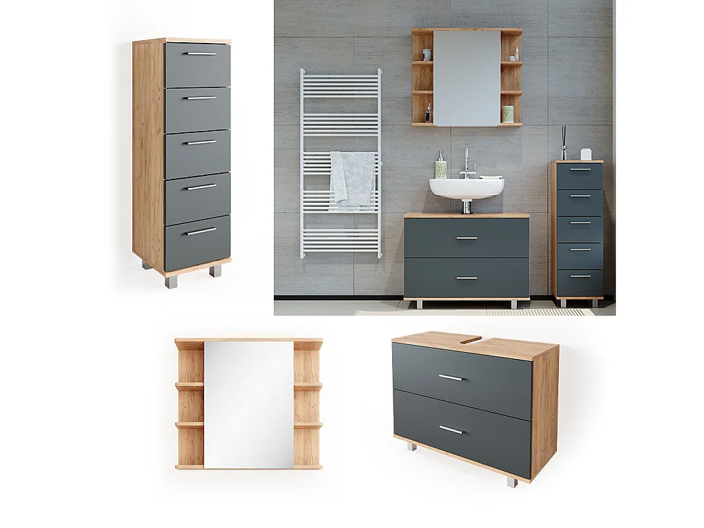 Meubles bain anthracite/chêne doré 80x33x60 ilias