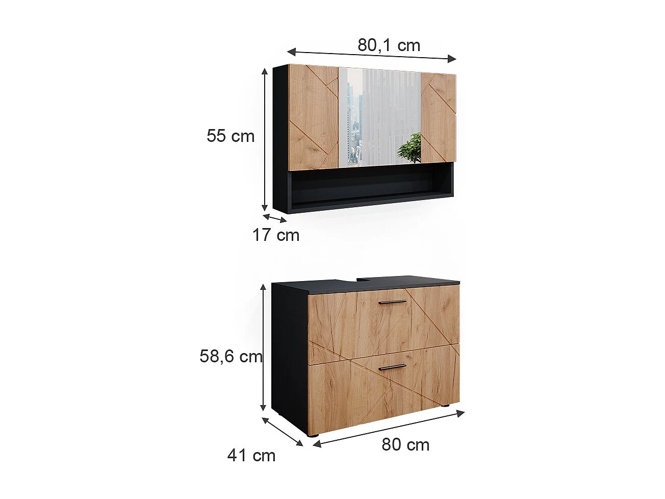 Set mobili bagno quercia dorata/antracite 80x41x58.6 irma