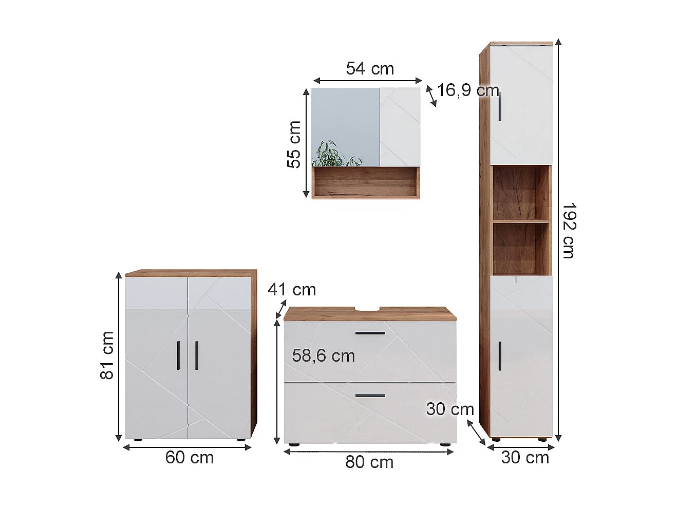Conjunto de muebles de baño blanco brillo intenso/roble dorado 80x41x58 irma