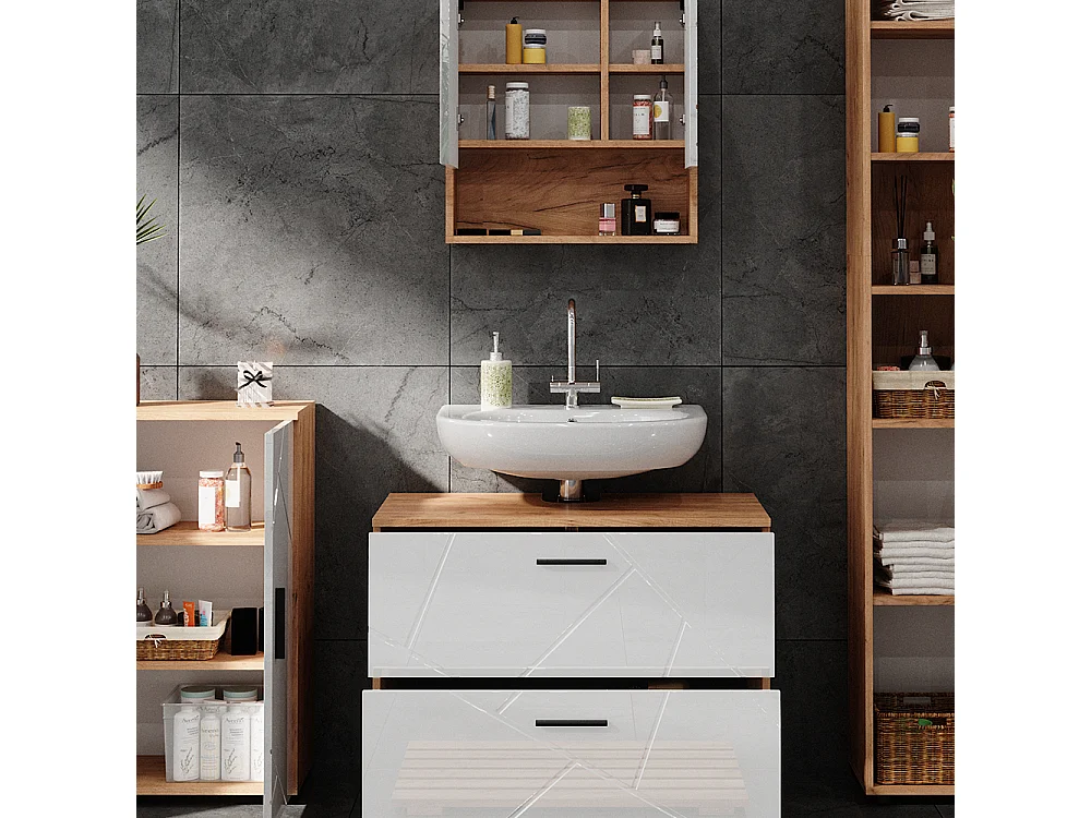 Conjunto de muebles de baño blanco brillo intenso/roble dorado 80x41x58 irma