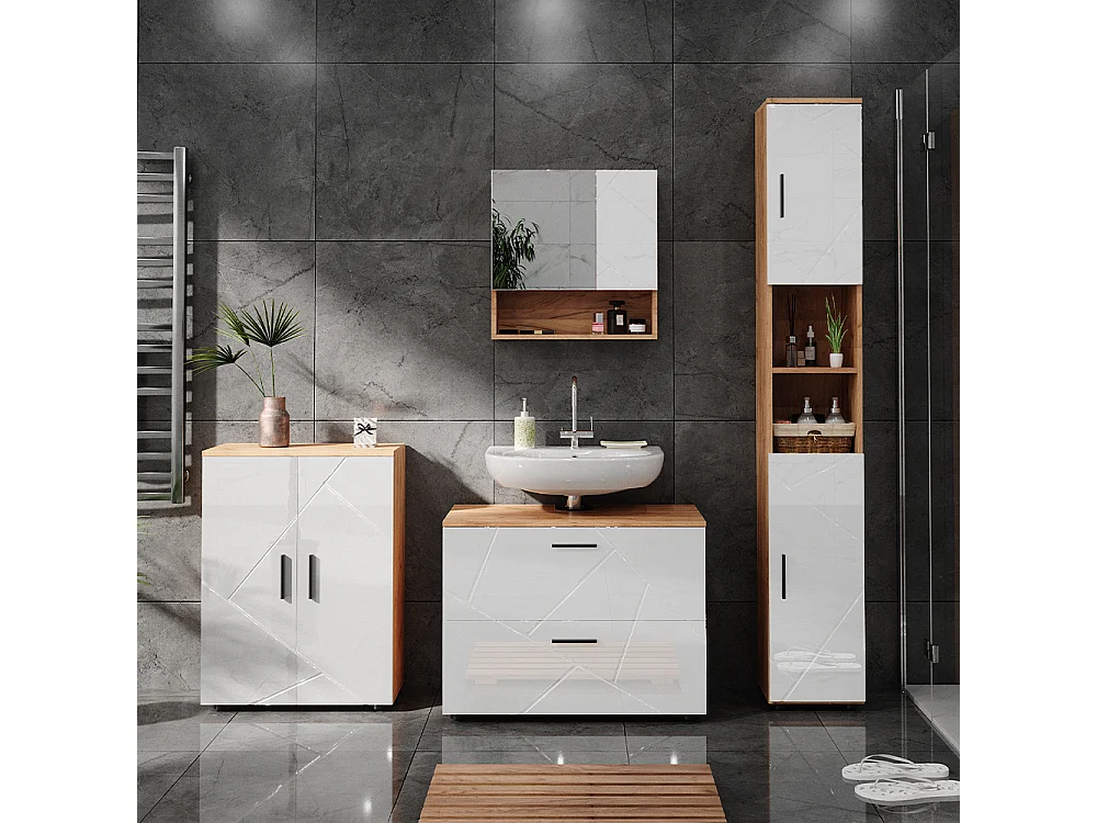 Meubles bain blanc brillant/chêne doré 80x41x58 irma