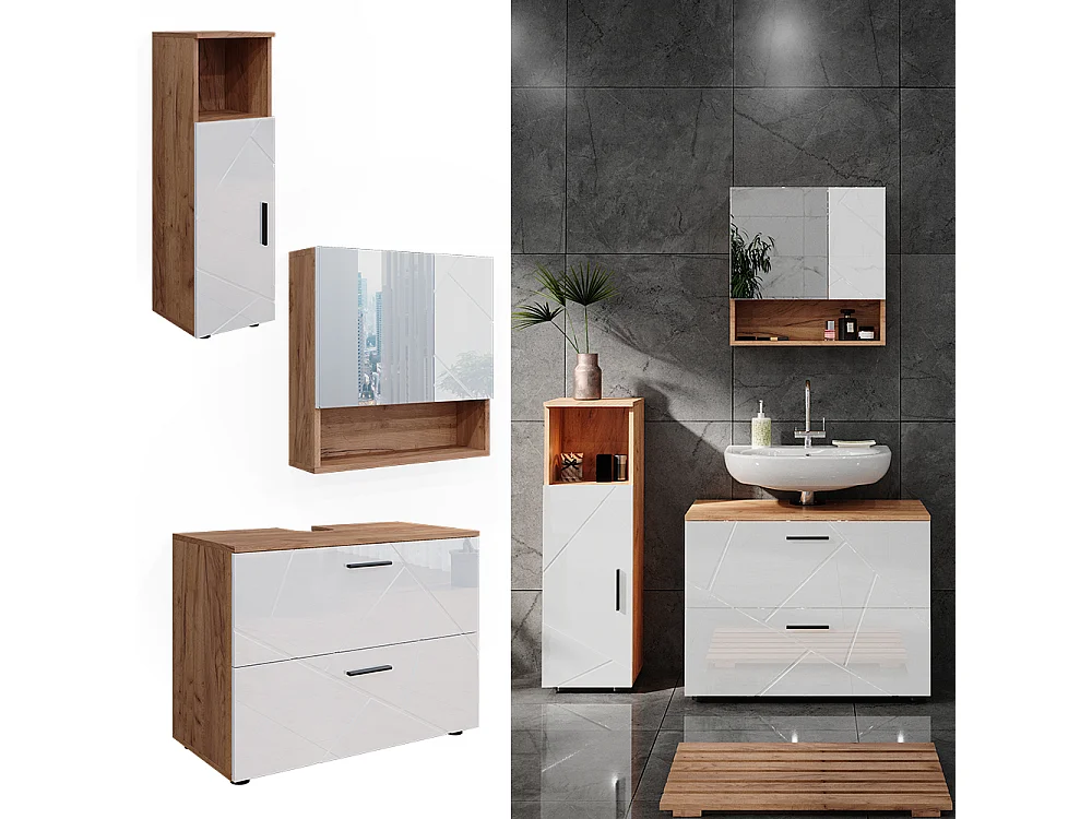 Meubles bain blanc brillant/chêne doré 80x41x58.6 irma