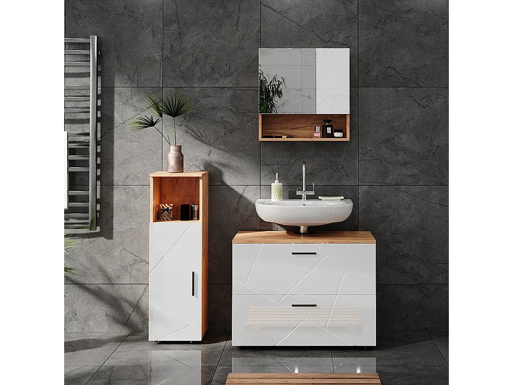 Meubles bain blanc brillant/chêne doré 80x41x58.6 irma