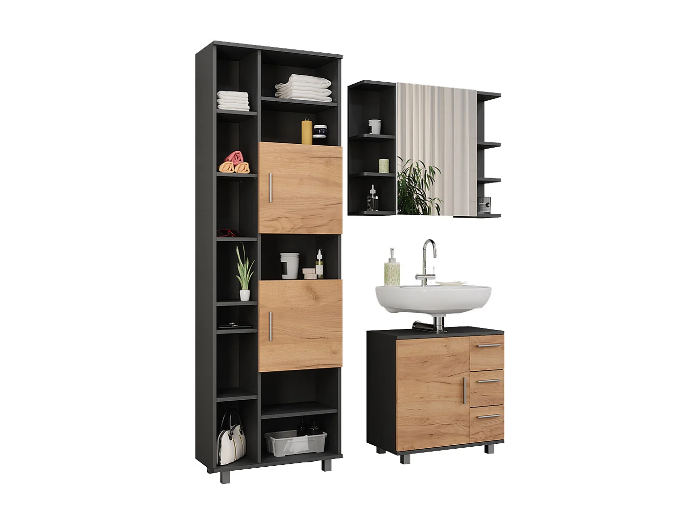 Set di mobili da bagno antracite/quercia dorata 60.2x33x60.8 ilias