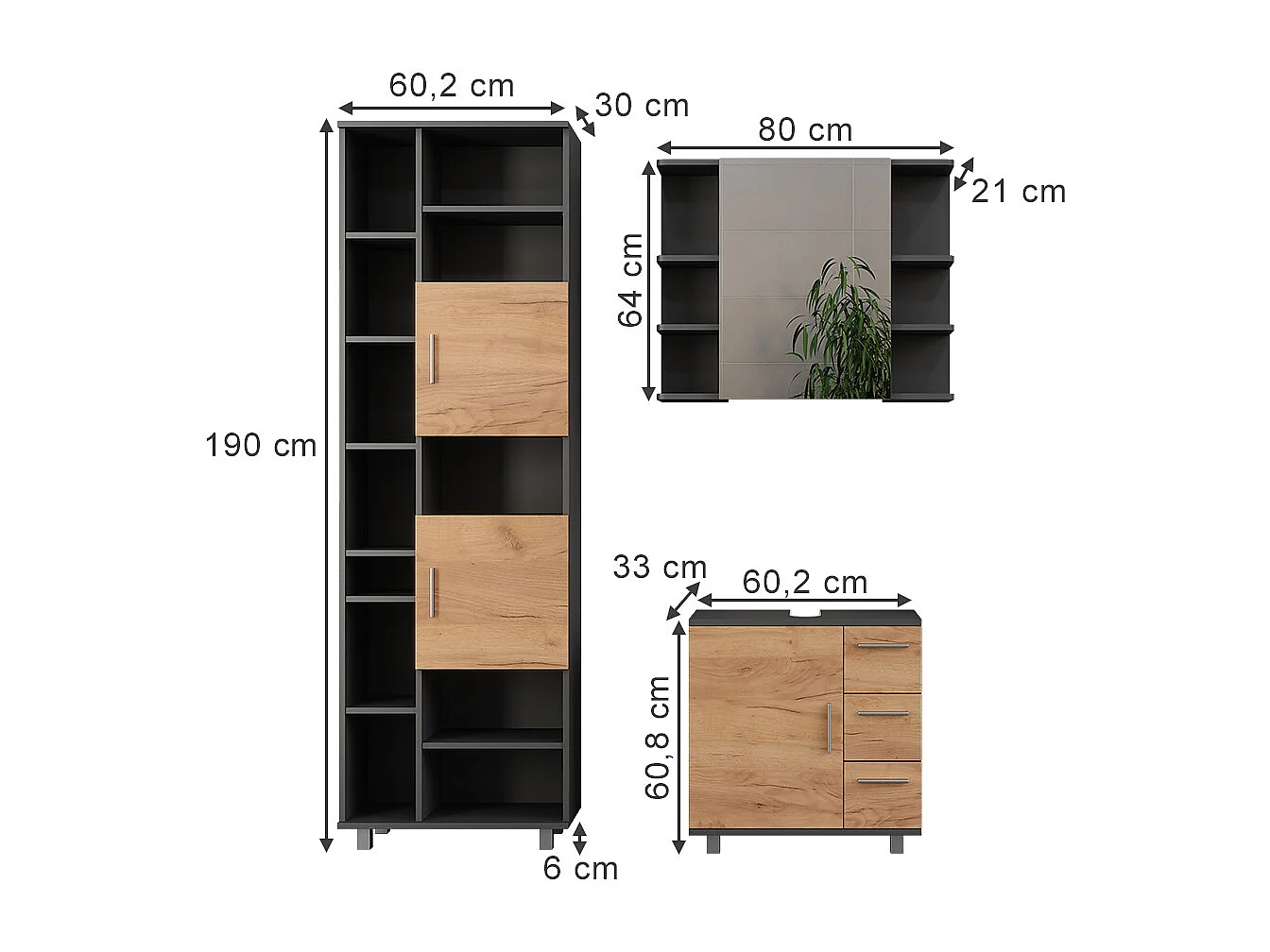 Meubles bain anthracite/chêne doré 60.2x33x60.8 ilias