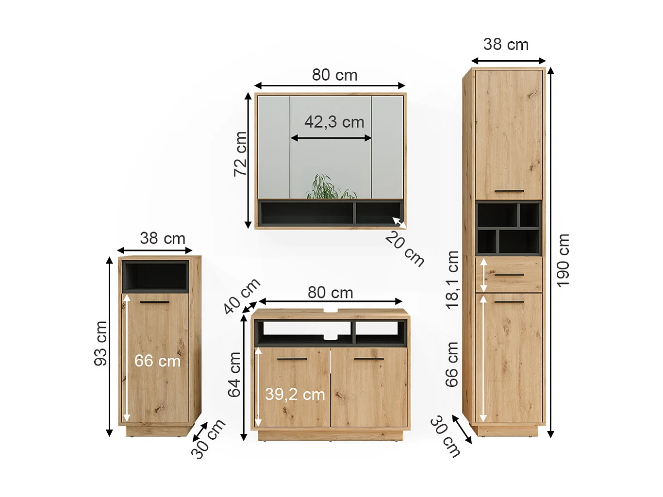 Set di mobili da bagno rovere artigianale 80x40x64 beatrice