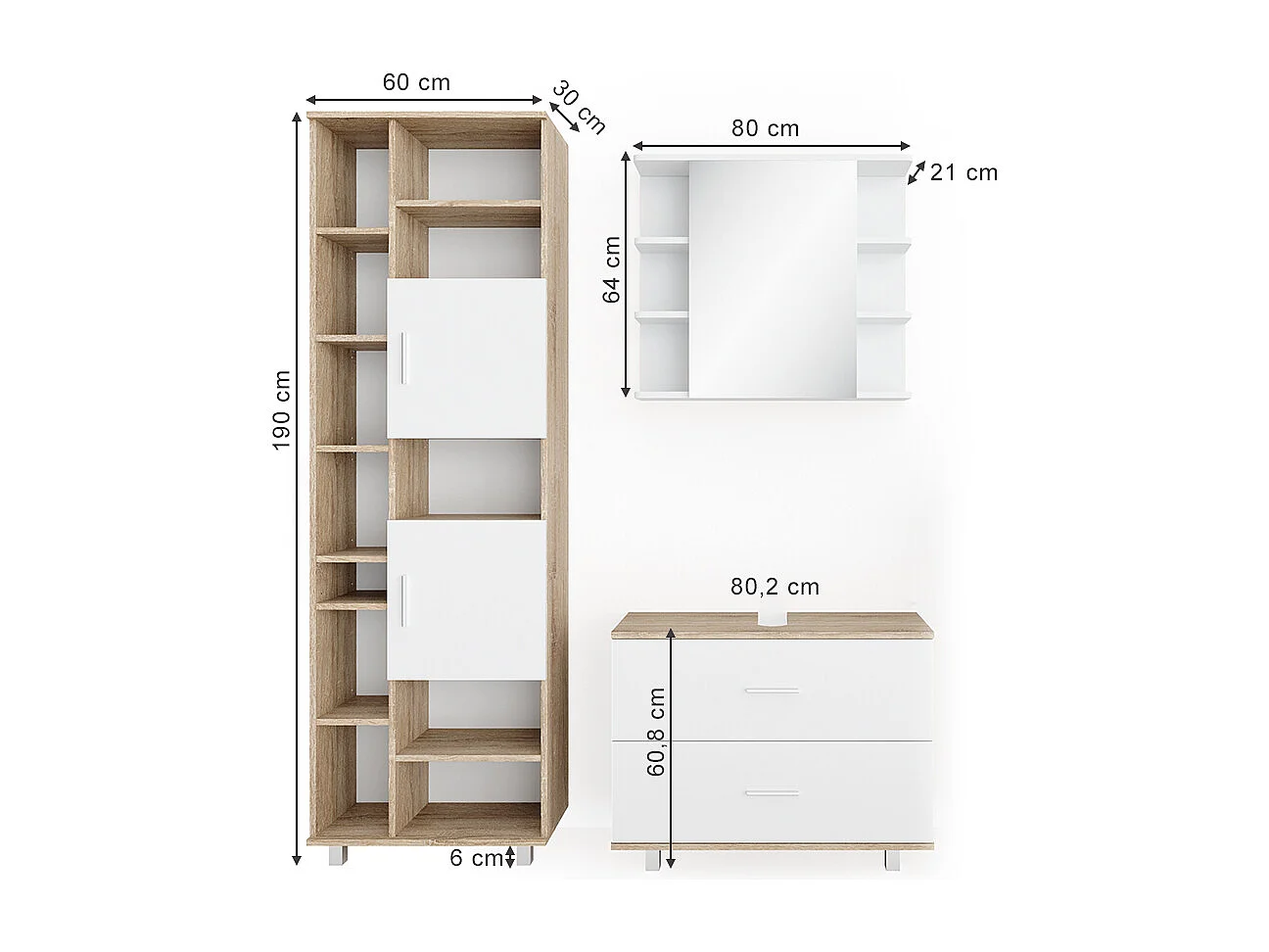 Set mobili bagno bianco/sonoma 80.2x33x60.8 ilias