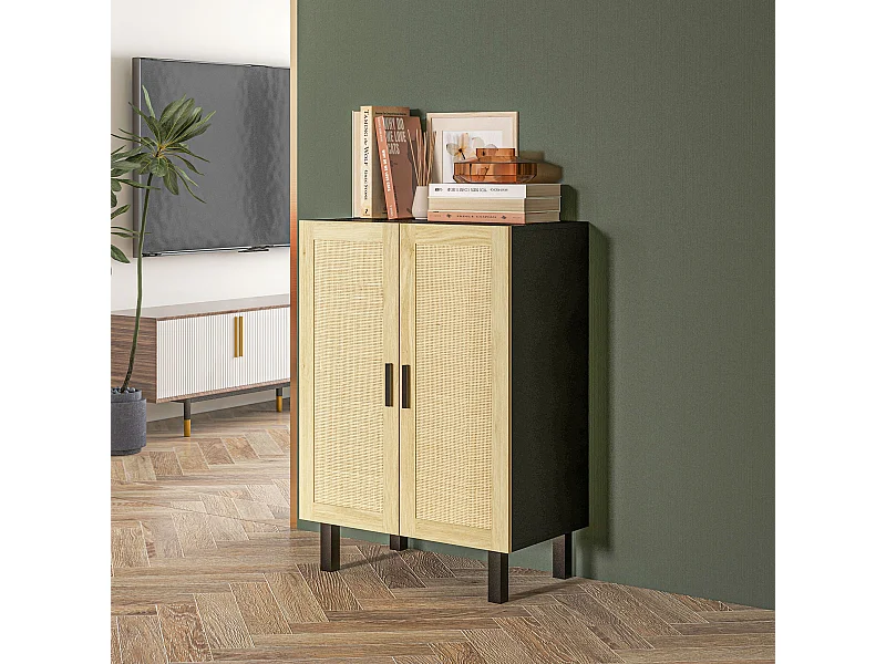 Buffet 2 portes 2 étagères réglables style bohème chic cannage en rotin panneaux aspect bois clair noir