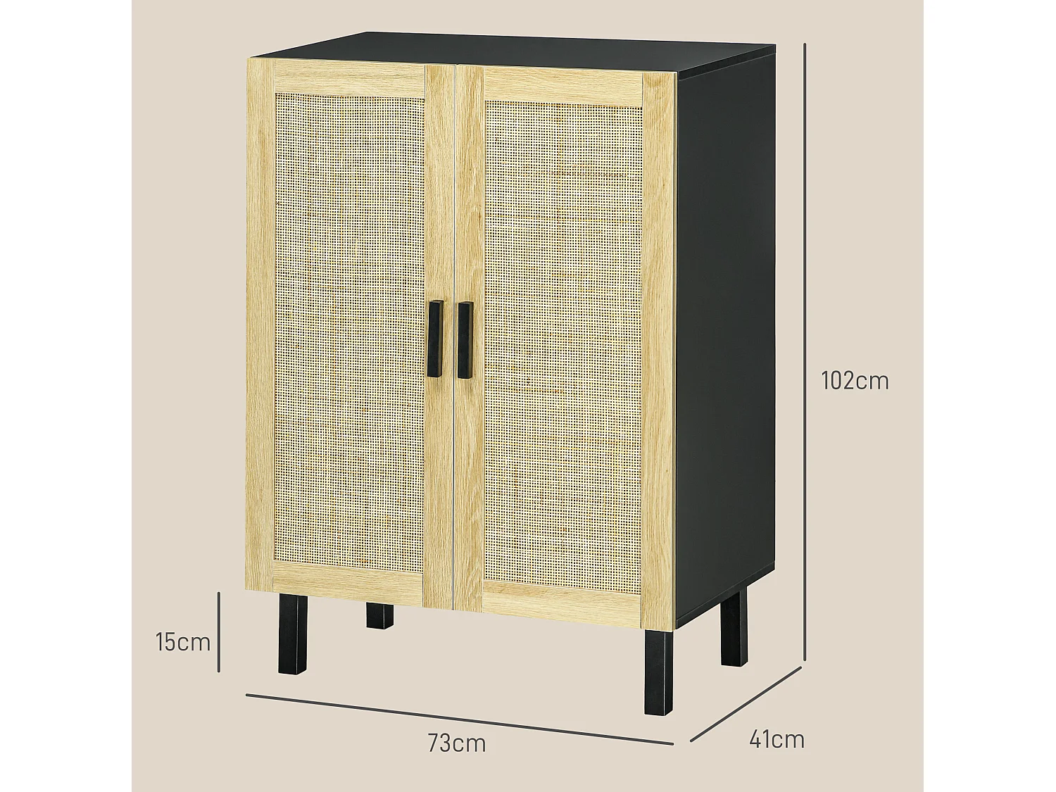 Buffet 2 portes 2 étagères réglables style bohème chic cannage en rotin panneaux aspect bois clair noir