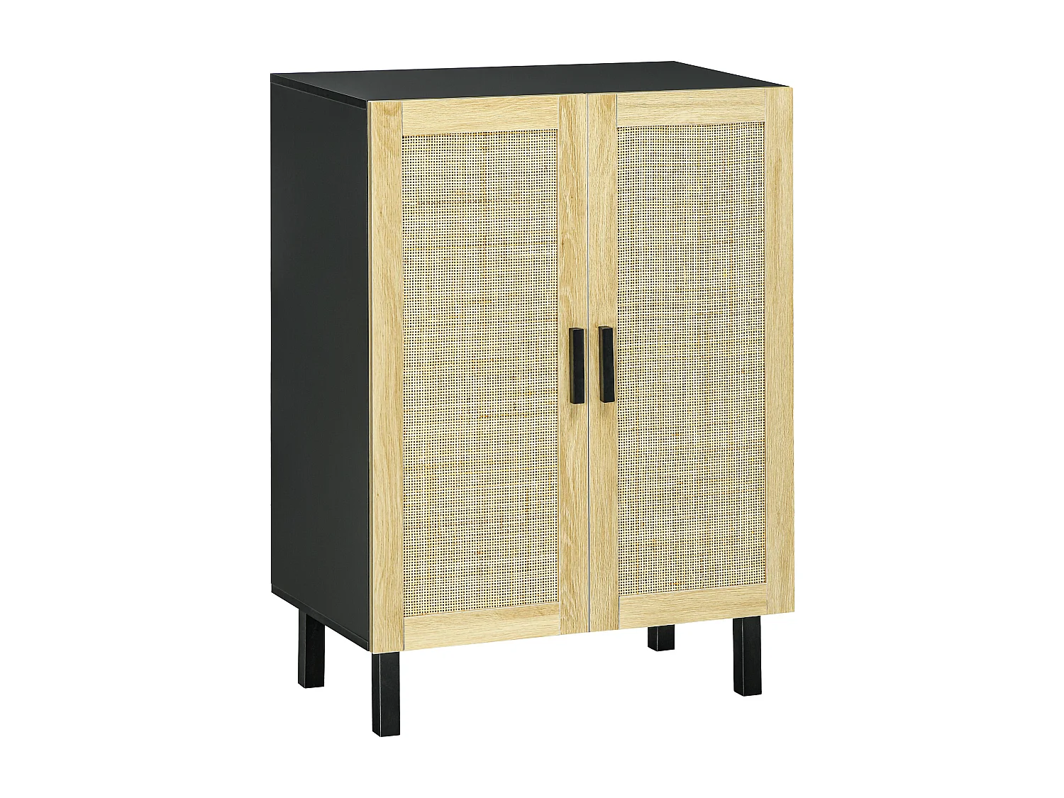 Buffet 2 portes 2 étagères réglables style bohème chic cannage en rotin panneaux aspect bois clair noir