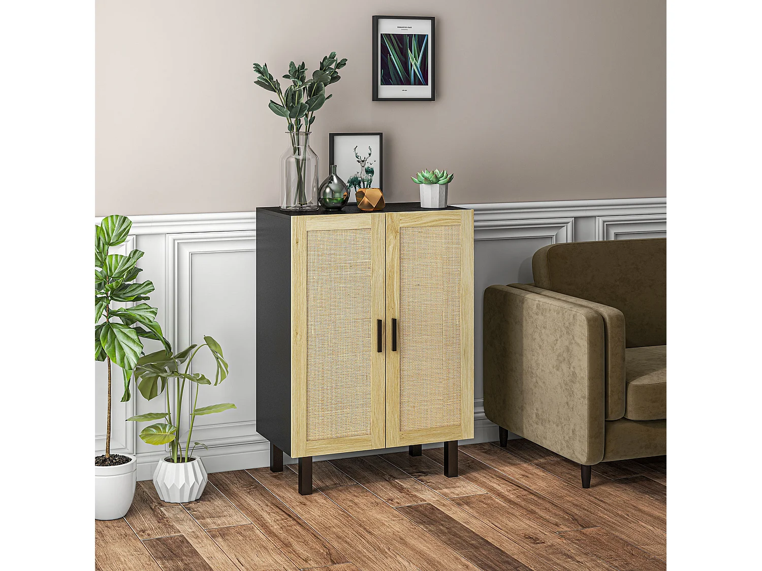 Buffet 2 portes 2 étagères réglables style bohème chic cannage en rotin panneaux aspect bois clair noir