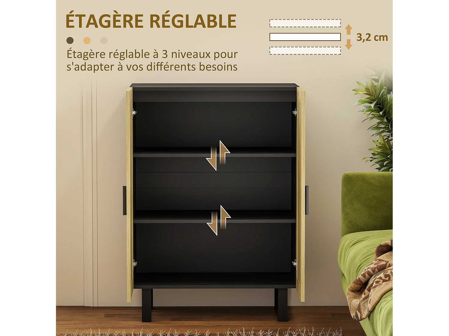 Buffet 2 portes 2 étagères réglables style bohème chic cannage en rotin panneaux aspect bois clair noir