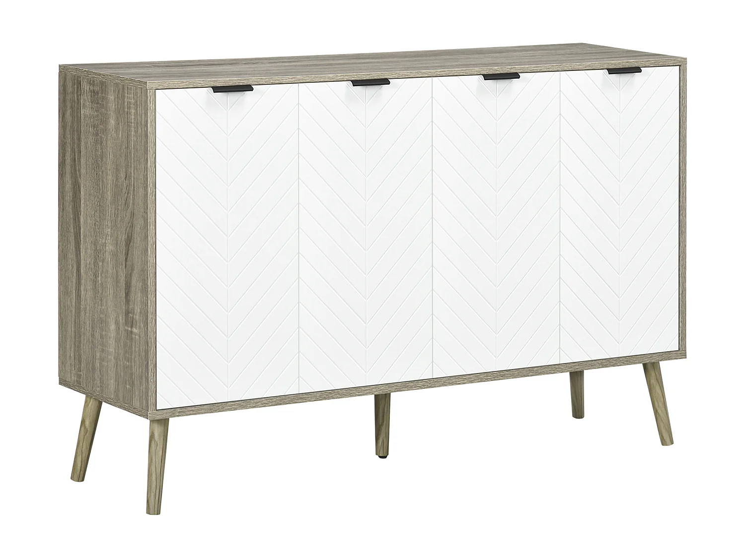 Buffet design scandinave 4 portes 2 étagères piètement bois de pin panneaux portes motif chevrons blanc aspect bois gris