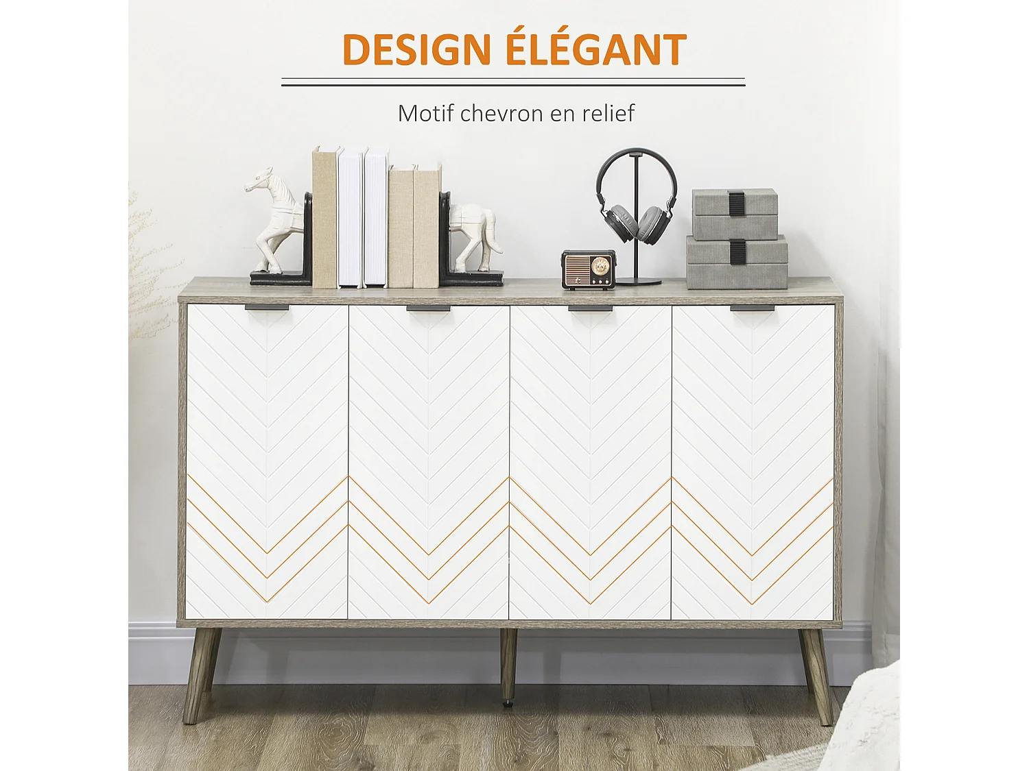 Buffet design scandinave 4 portes 2 étagères piètement bois de pin panneaux portes motif chevrons blanc aspect bois gris