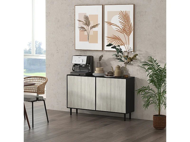 Buffet design contemporain - 4 portes, 2 étagères - dim. 121L x 37l x 75H cm - piètement effilé pin noir aspect bois gris