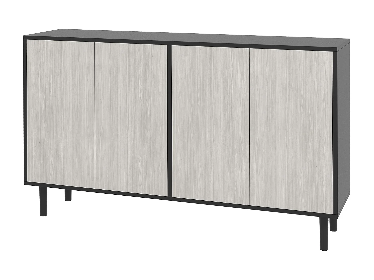 Buffet design contemporain - 4 portes, 2 étagères - dim. 121L x 37l x 75H cm - piètement effilé pin noir aspect bois gris