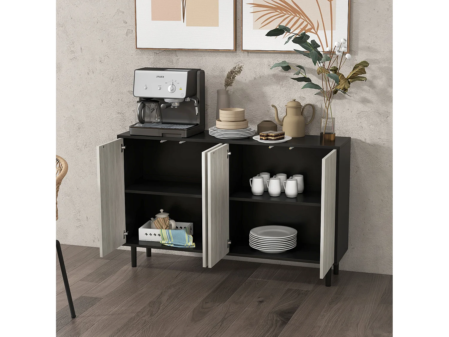 Buffet design contemporain - 4 portes, 2 étagères - dim. 121L x 37l x 75H cm - piètement effilé pin noir aspect bois gris