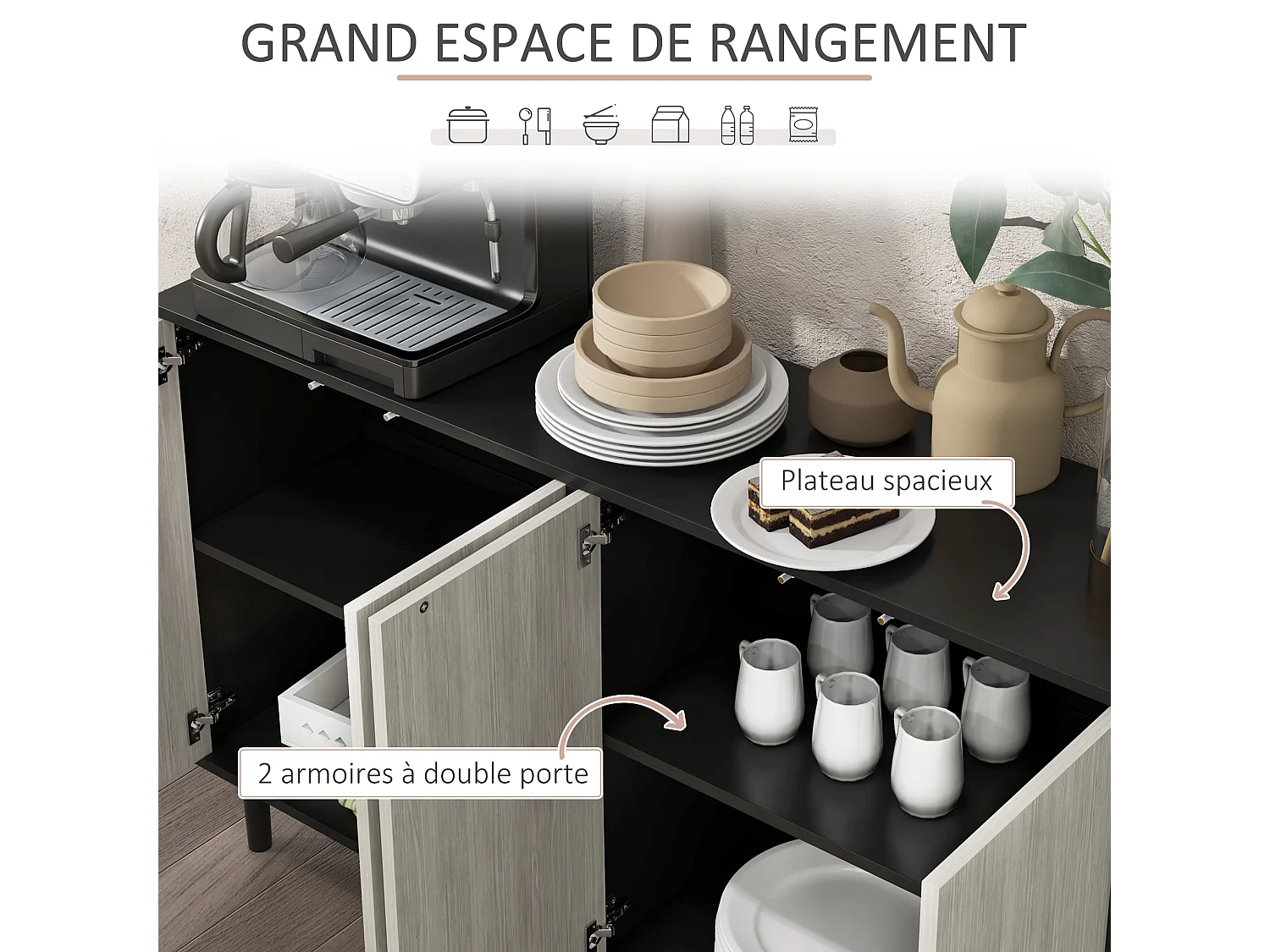 Buffet design contemporain - 4 portes, 2 étagères - dim. 121L x 37l x 75H cm - piètement effilé pin noir aspect bois gris