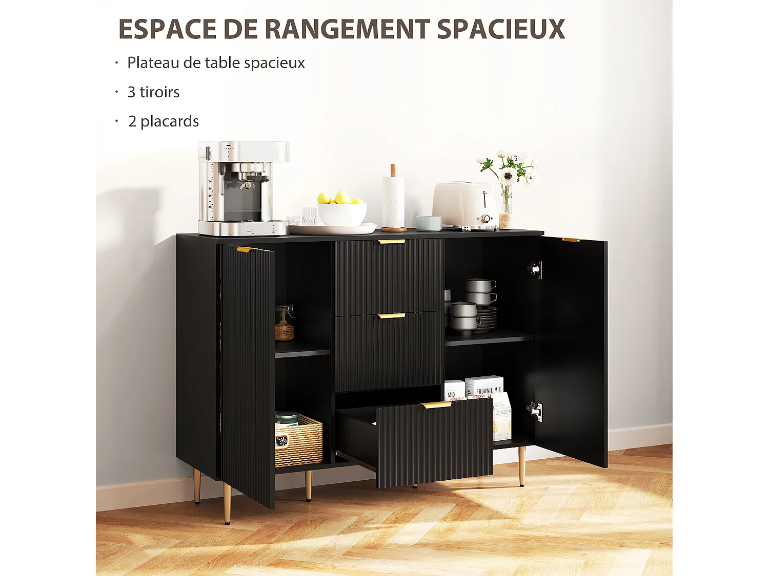 Buffet enfilade 2 portes 2 étagères 3 tiroirs - dim. 120 x 40 x 90 cm - métal doré noir