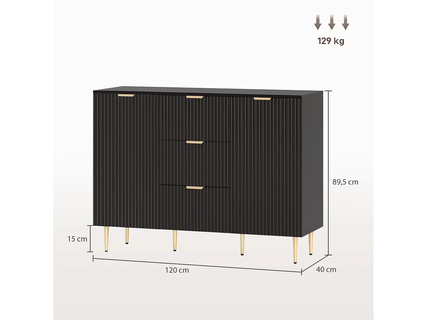 Buffet enfilade 2 portes 2 étagères 3 tiroirs - dim. 120 x 40 x 90 cm - métal doré noir