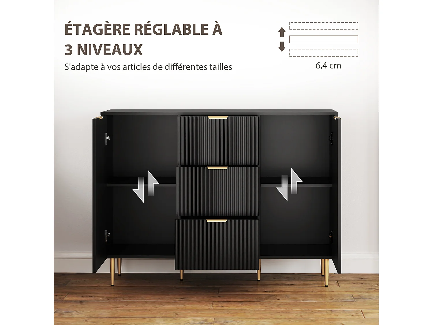 Buffet enfilade 2 portes 2 étagères 3 tiroirs - dim. 120 x 40 x 90 cm - métal doré noir