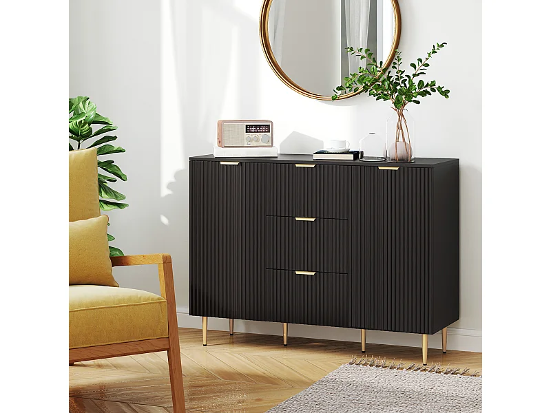 Buffet enfilade 2 portes 2 étagères 3 tiroirs - dim. 120 x 40 x 90 cm - métal doré noir