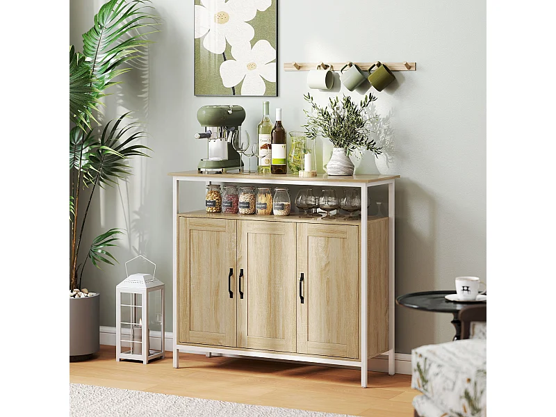 Buffet 3 portes 4 étagères grande niche dim. 100x35x88cm métal blanc effet chêne clair