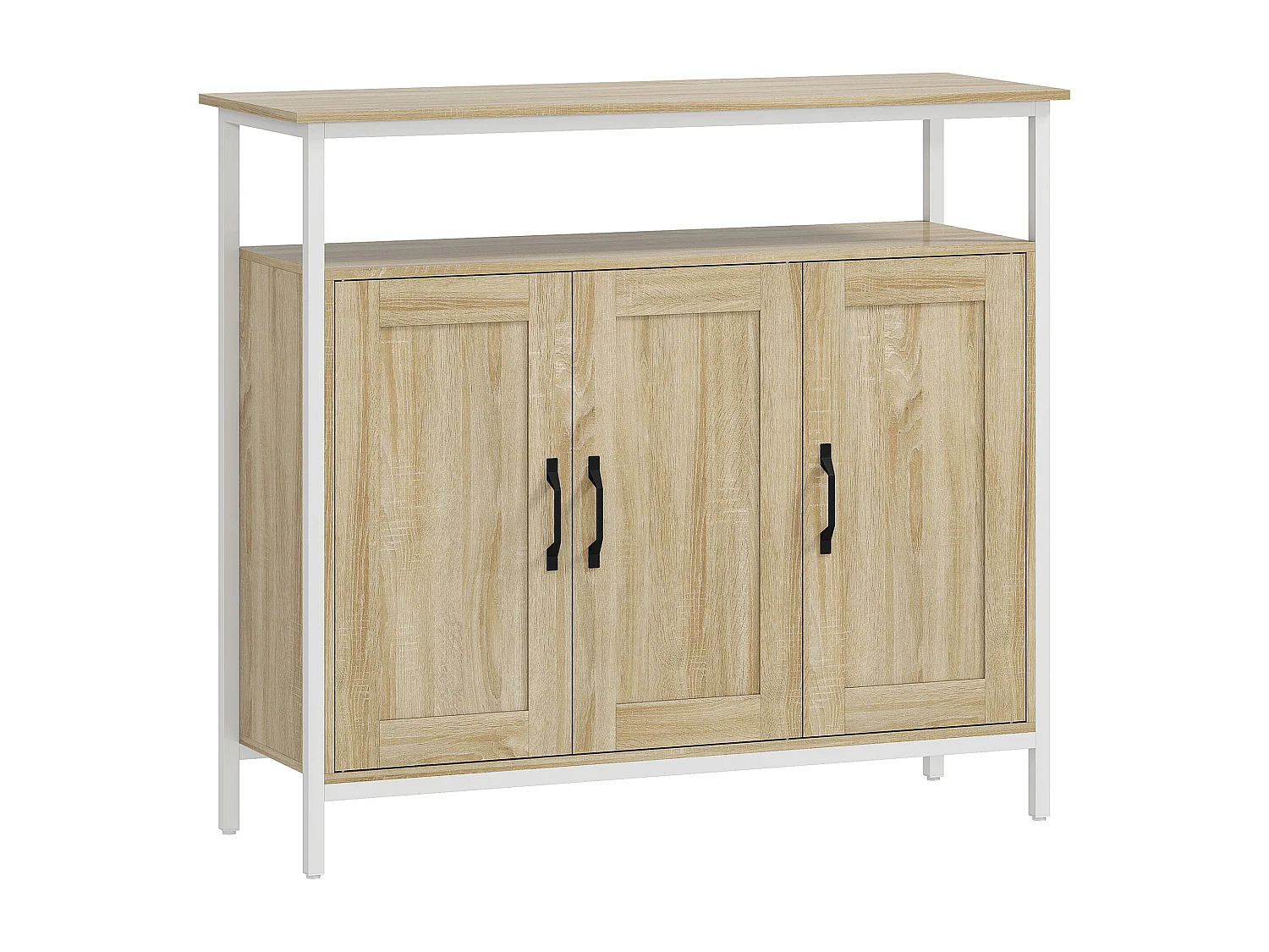 Buffet 3 portes 4 étagères grande niche dim. 100x35x88cm métal blanc effet chêne clair