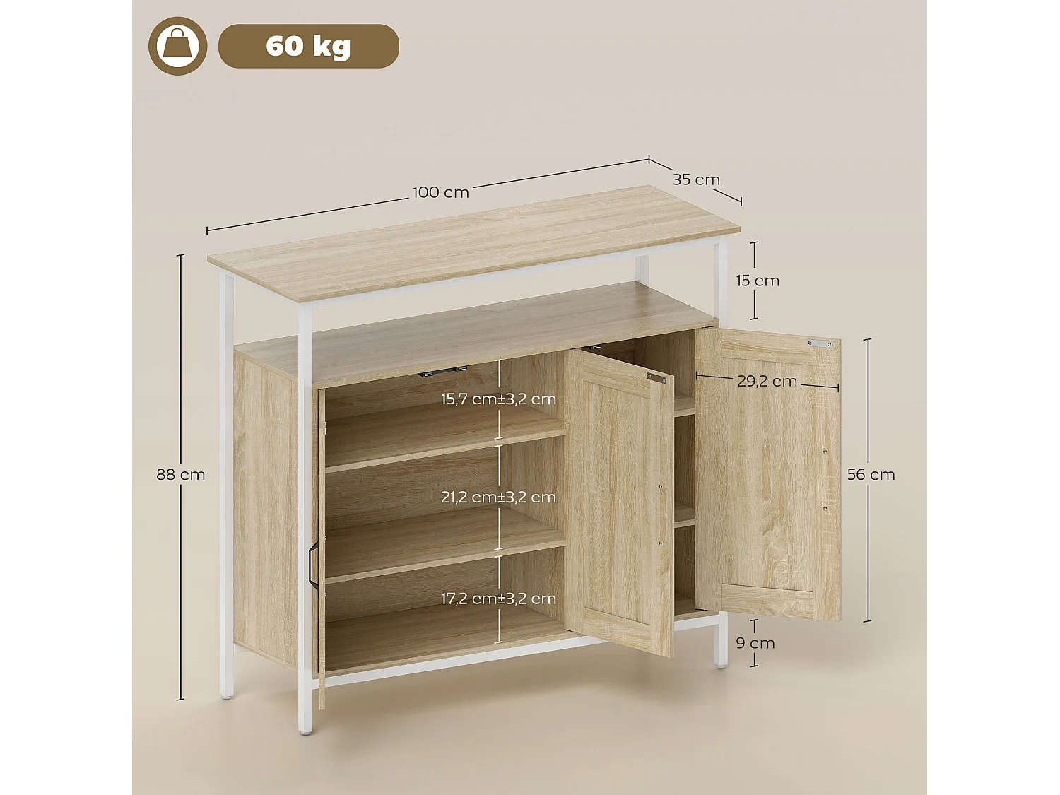 Buffet 3 portes 4 étagères grande niche dim. 100x35x88cm métal blanc effet chêne clair