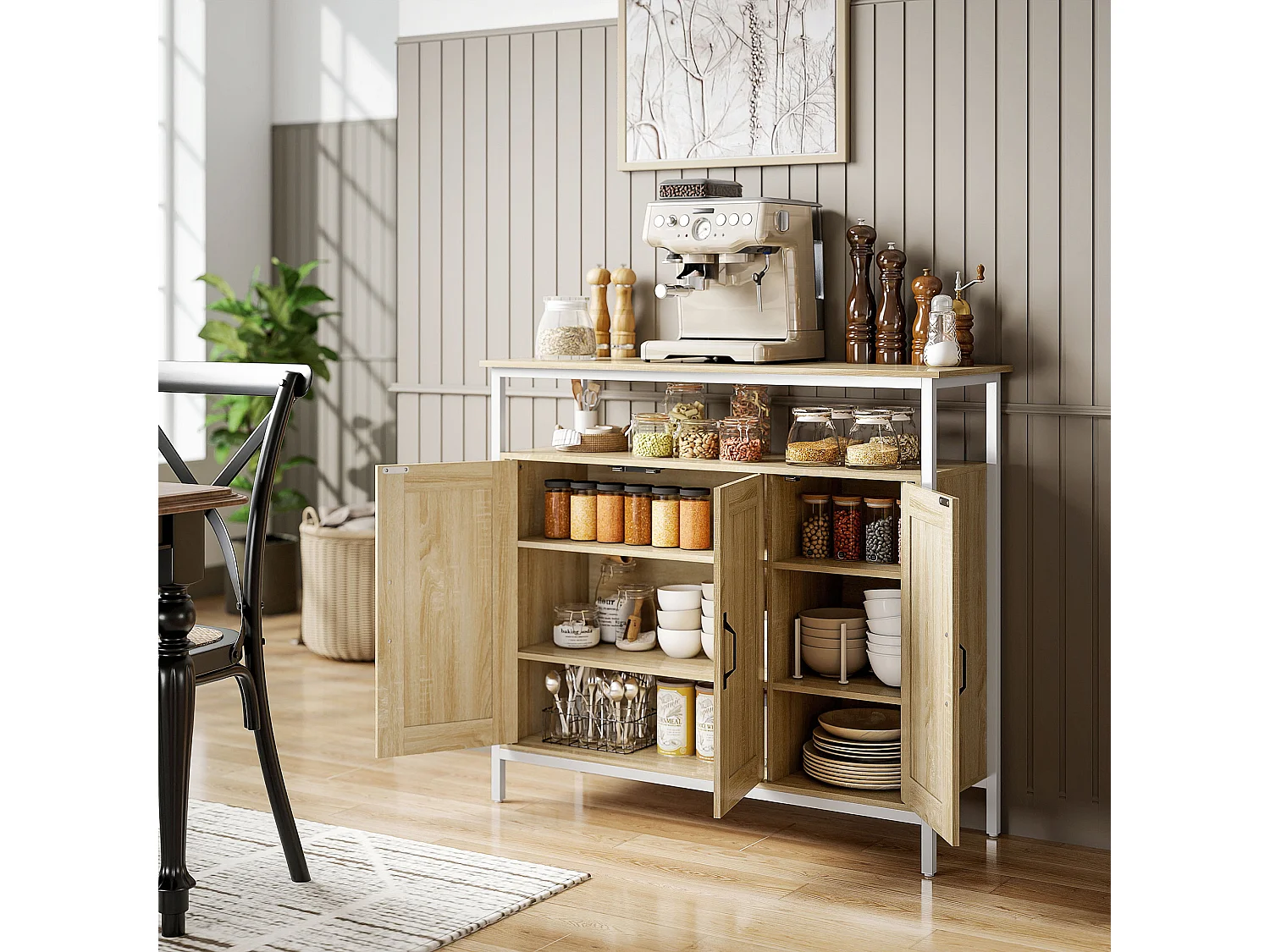 Buffet 3 portes 4 étagères grande niche dim. 100x35x88cm métal blanc effet chêne clair