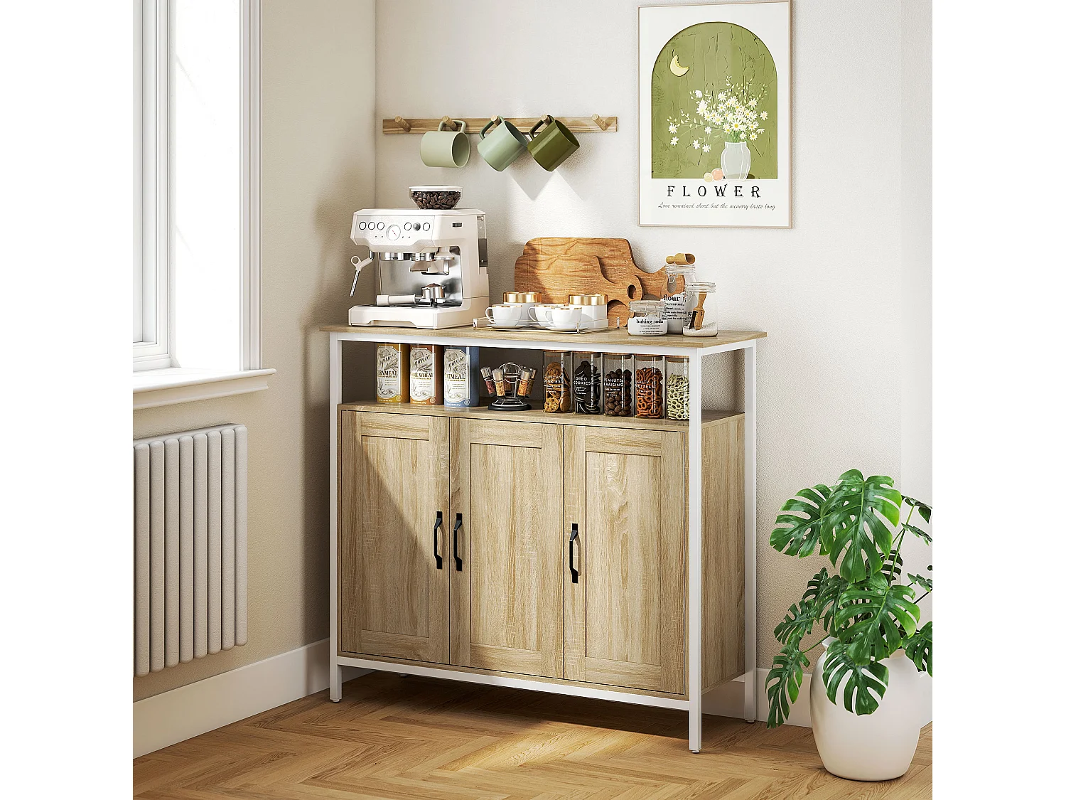 Buffet 3 portes 4 étagères grande niche dim. 100x35x88cm métal blanc effet chêne clair