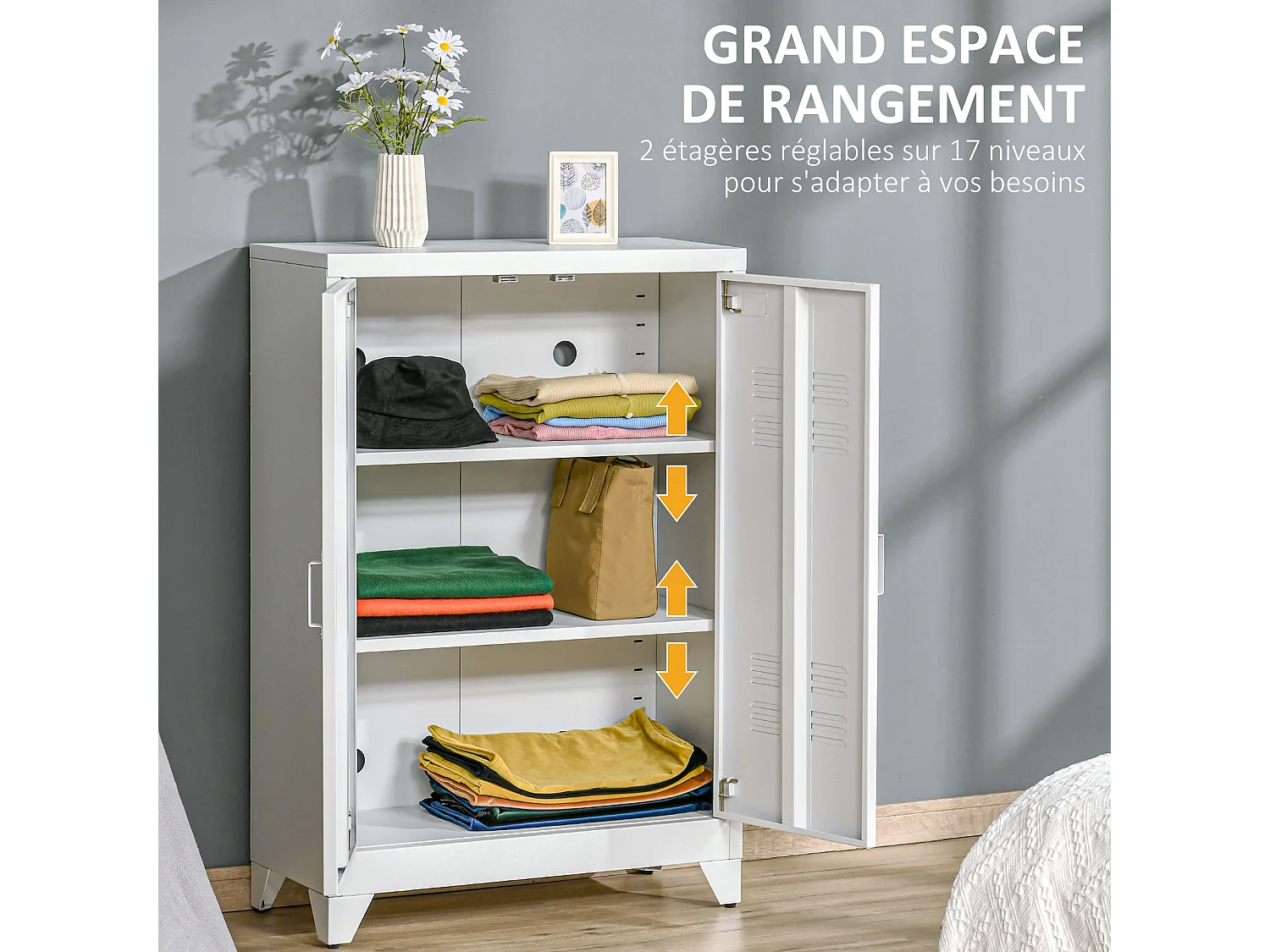 Armoire de rangement métal design industriel - 2 étagères - structure piètement tôle métal blanc