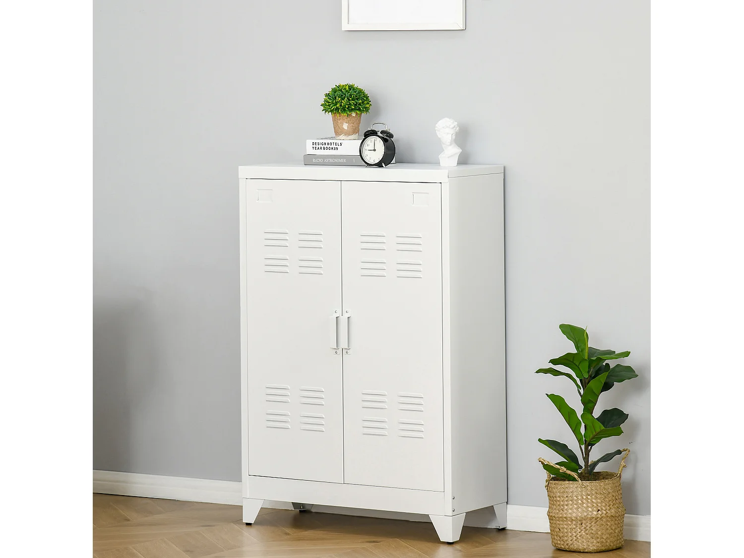 Armoire de rangement métal design industriel - 2 étagères - structure piètement tôle métal blanc