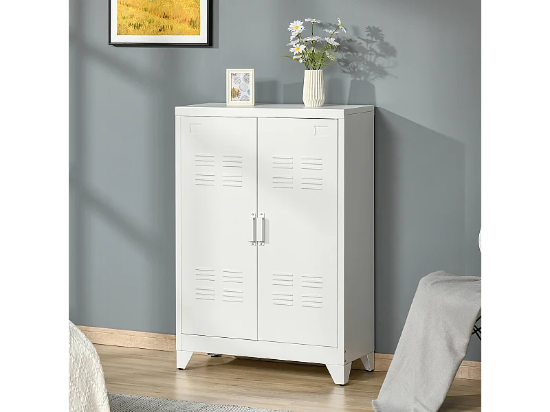 Armoire de rangement métal design industriel - 2 étagères - structure piètement tôle métal blanc