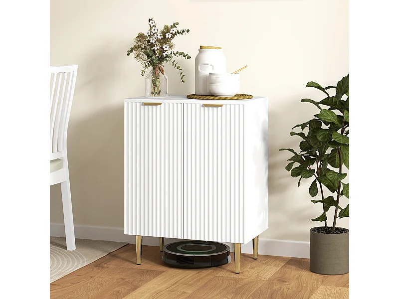 Buffet 2 portes étagère design effet cannelé piètement poignées métal doré blanc