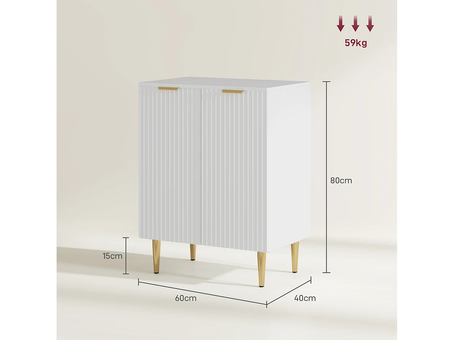 Buffet 2 portes étagère design effet cannelé piètement poignées métal doré blanc