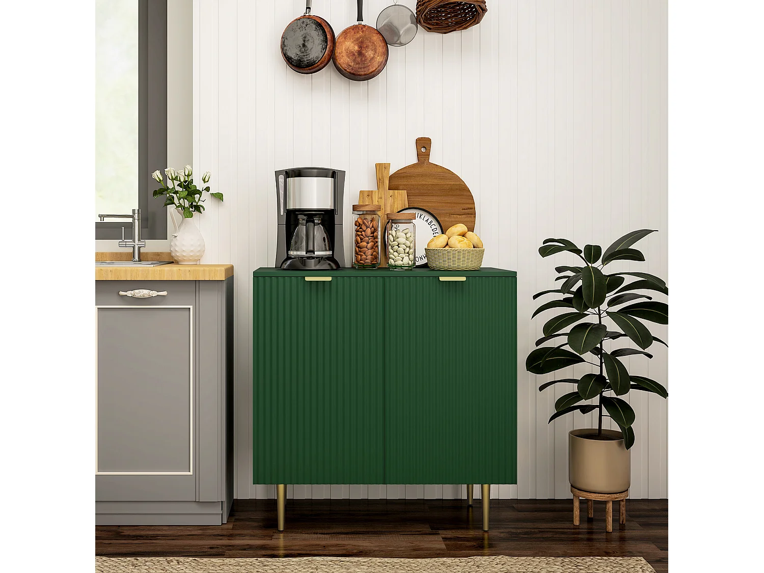 Buffet 2 portes étagère design effet cannelé piètement poignées métal doré vert