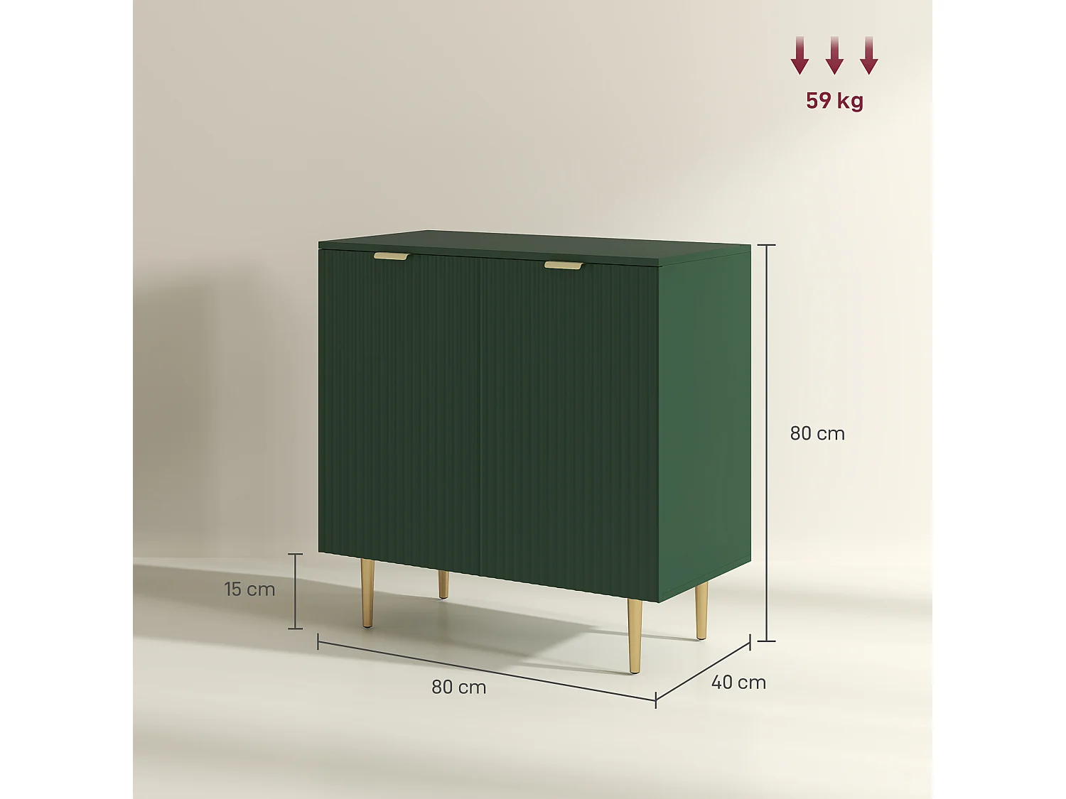 Buffet 2 portes étagère design effet cannelé piètement poignées métal doré vert
