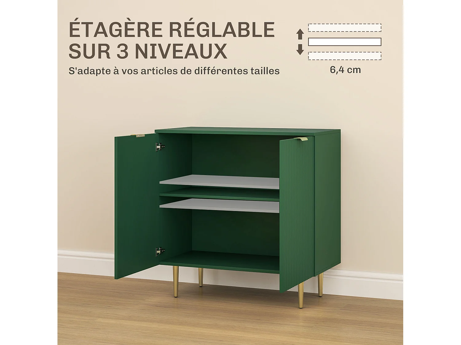 Buffet 2 portes étagère design effet cannelé piètement poignées métal doré vert