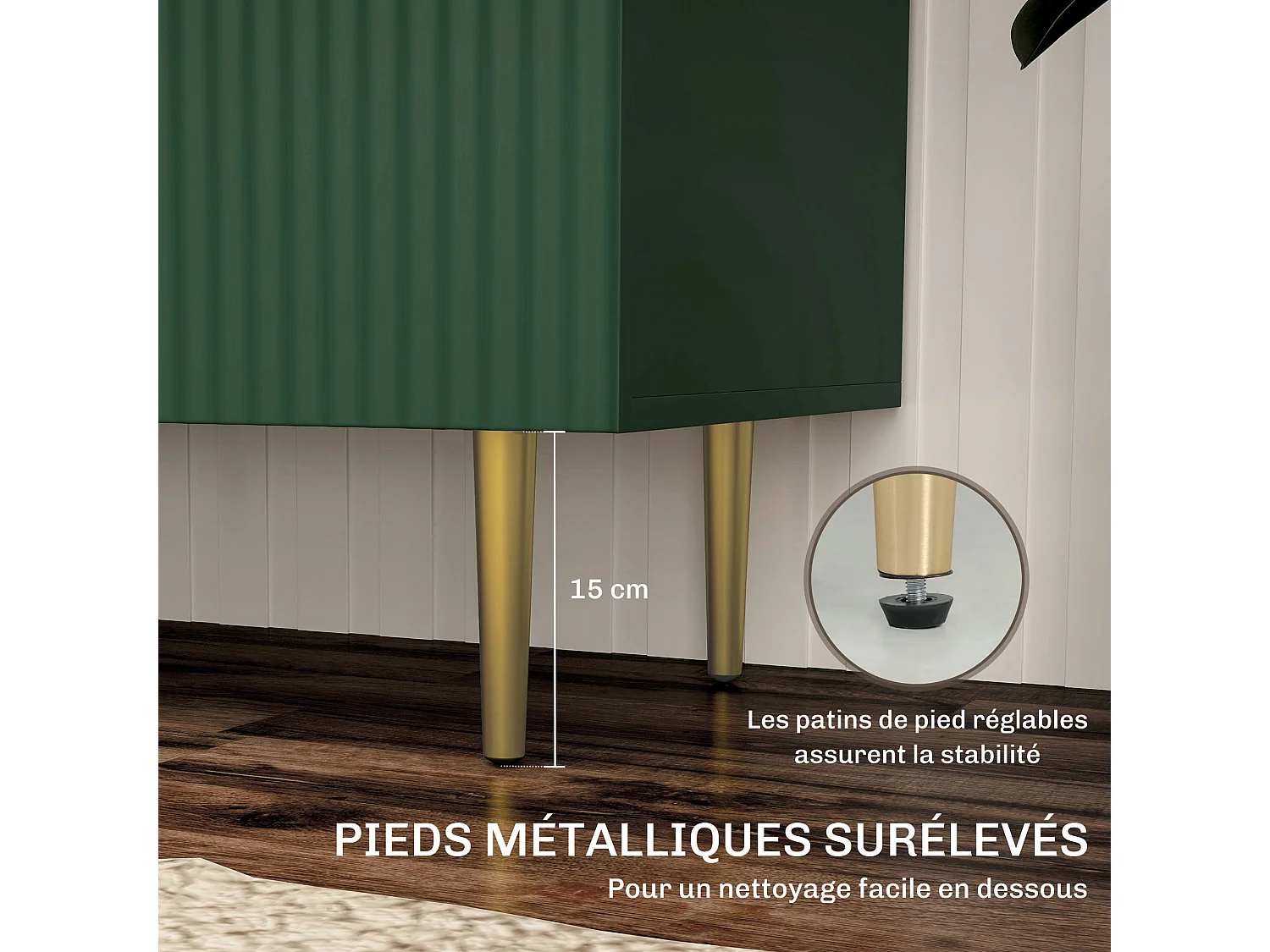 Buffet 2 portes étagère design effet cannelé piètement poignées métal doré vert