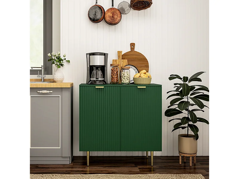 Buffet 2 portes étagère design effet cannelé piètement poignées métal doré vert