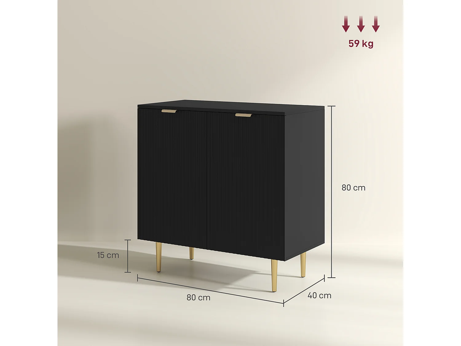 Buffet 2 portes étagère design effet cannelé piètement poignées métal doré noir