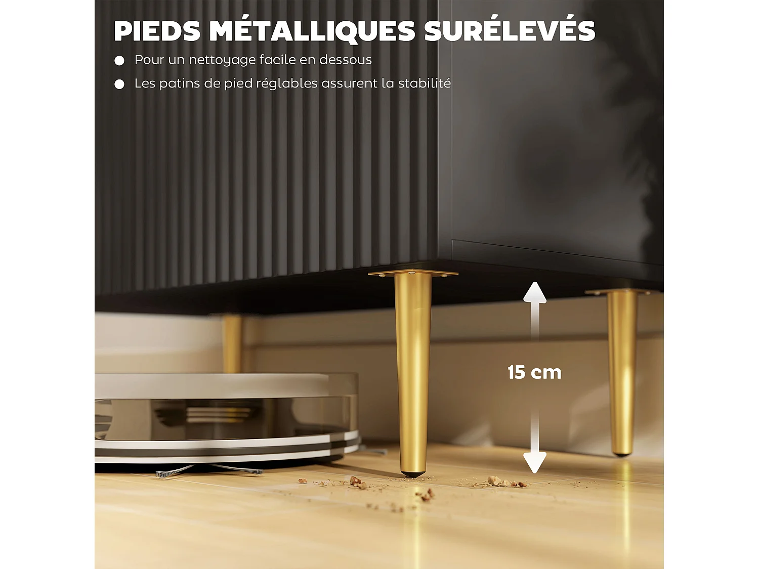 Buffet 2 portes étagère design effet cannelé piètement poignées métal doré noir